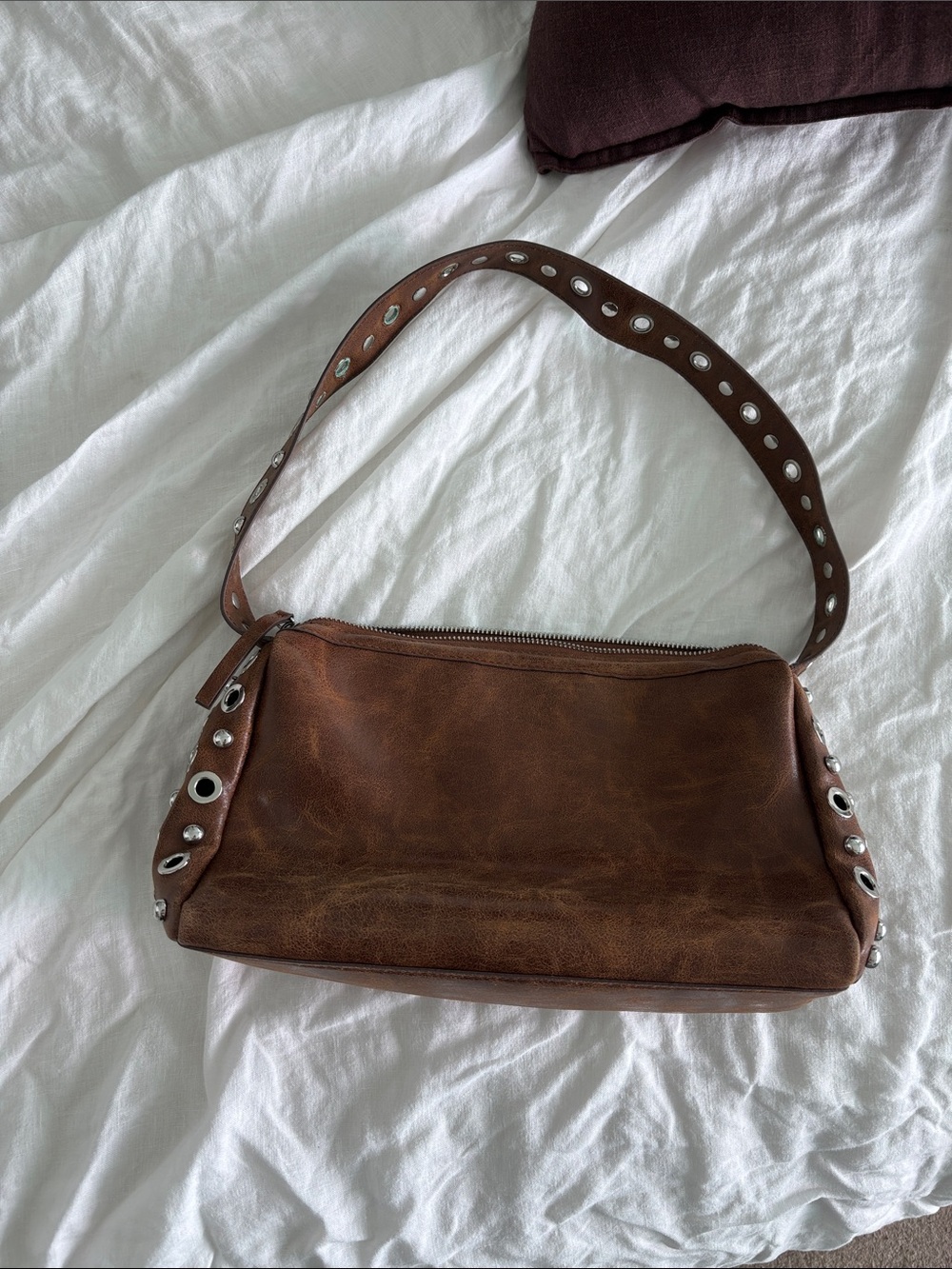Brown Leather Grommet-Detail Shoulder Bag - Picture 1 of 2